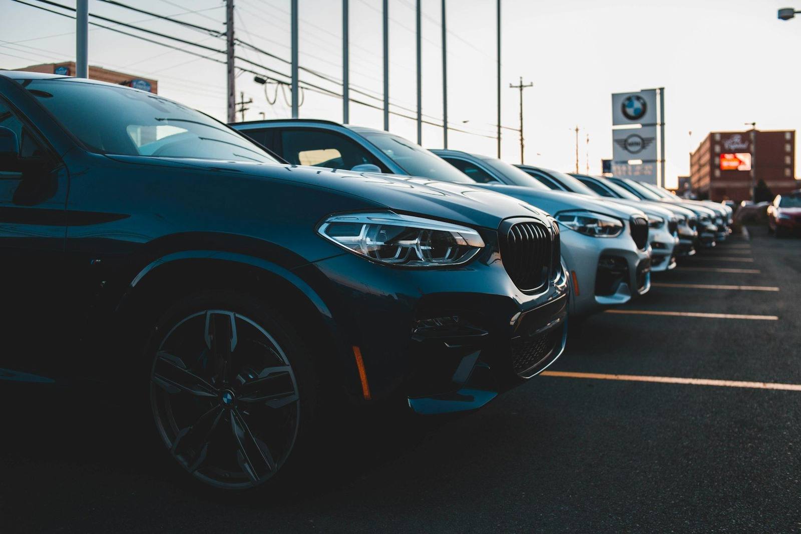 Row of inspected pre-owned vehicles on the Ninebark Motors lot at dusk
